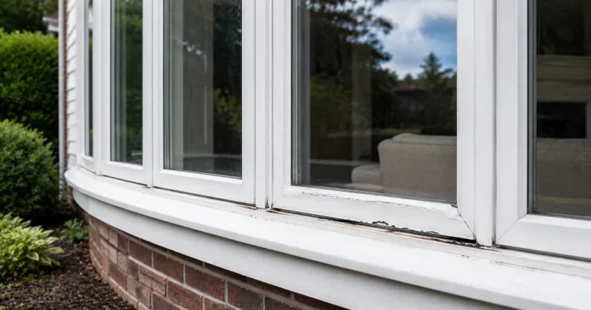 technician inspecting bow window frame and seal for damage in Courtice
