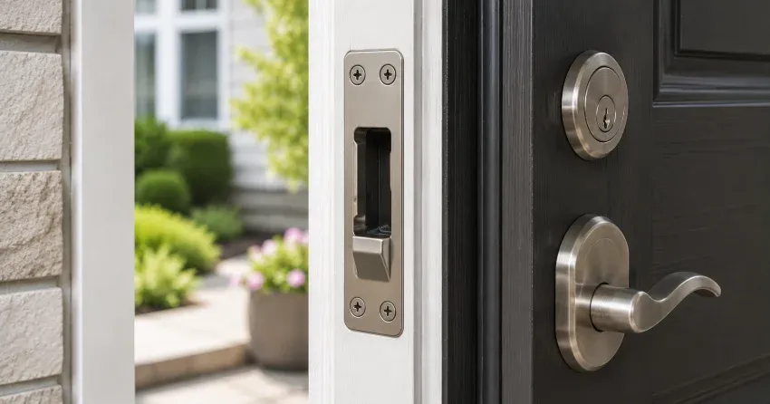 technician repairing a split door jamb near the strike plate in Courtice