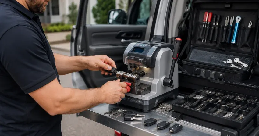 technician cutting a replacement car door lock key in Courtice