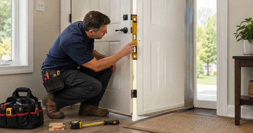 technician diagnosing a misaligned door frame in Courtice