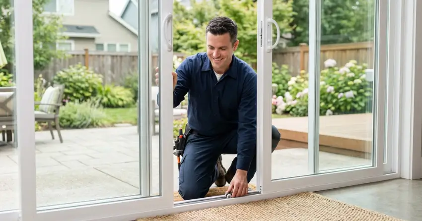 technician diagnosing a sticking patio door in Courtice