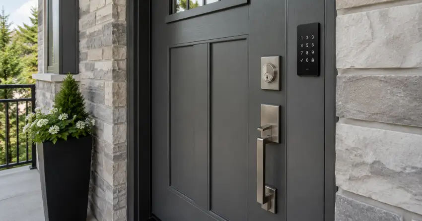 High-security door hardware and access control keypad installed on a residential entry door in Courtice