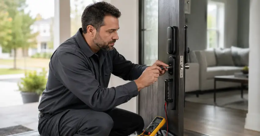 technician diagnosing automatic door lock mechanism on residential door in Courtice