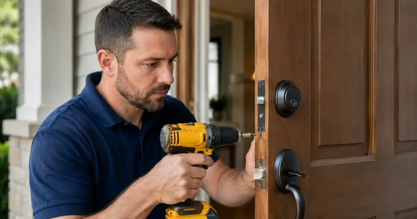 technician installing a new deadbolt during Change Door Lock Courtice service