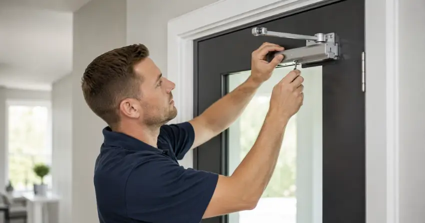 technician adjusting door closer hydraulic valve in Courtice home