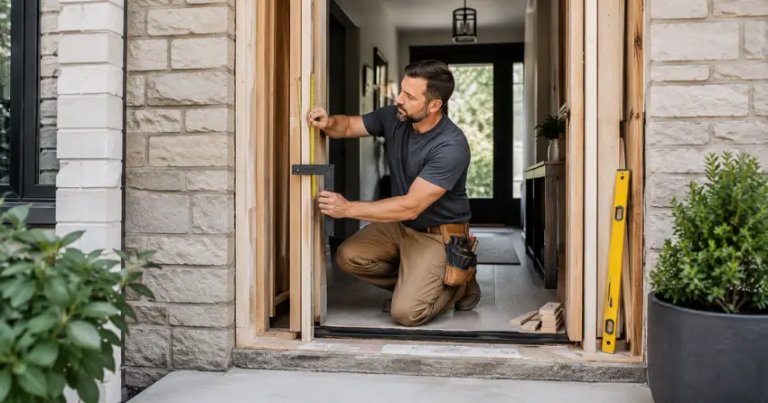 exterior door installer assessing rough opening in Courtice