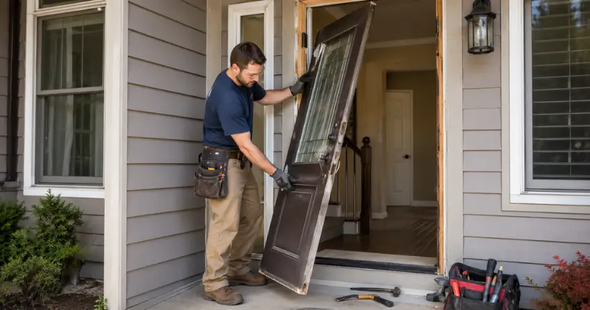 old exterior door being removed for replacement in Courtice