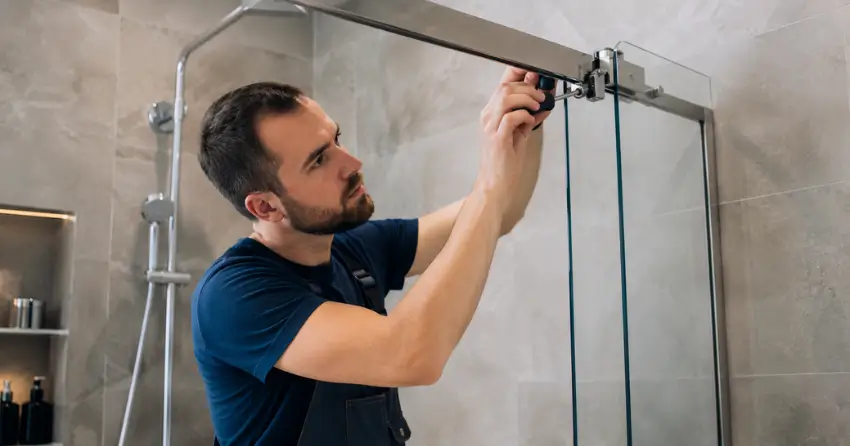 technician adjusting shower door hinge and track in Courtice