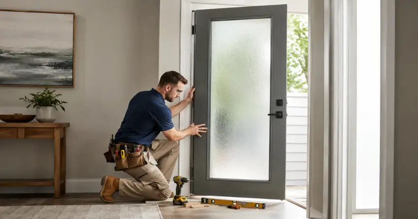 glass panel door installation with frosted privacy glass in residential setting in Courtice