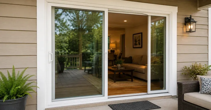 Patio Door Installation technician setting a new frame in Courtice