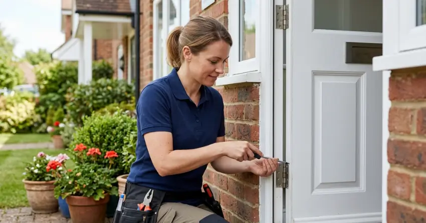 technician repairing exterior door hinge and frame in Courtice