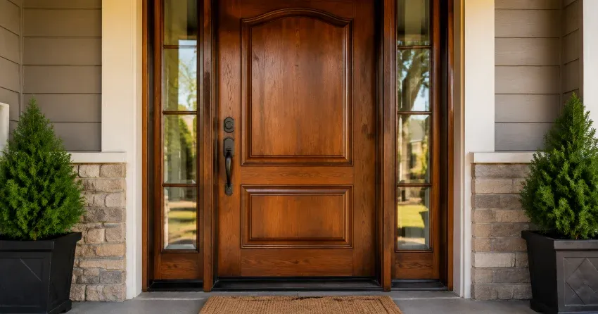 wood door mid-restoration showing stripped bare wood in Courtice
