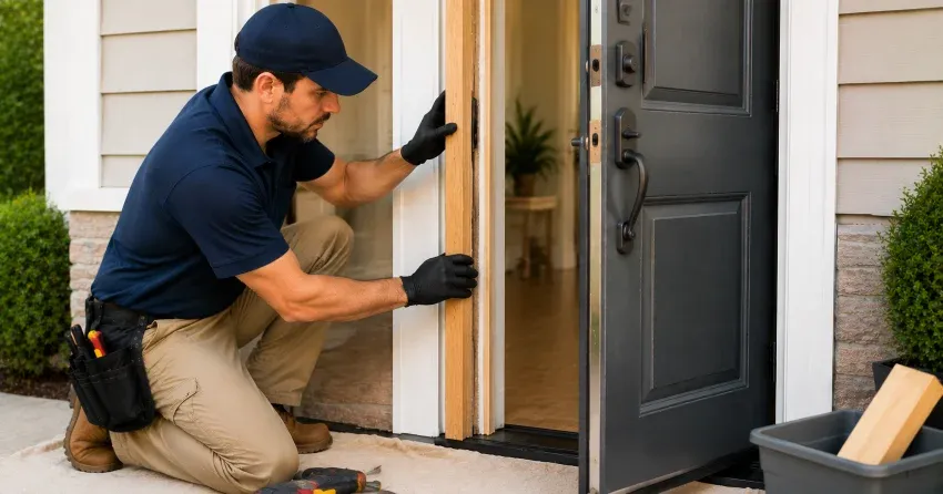 technician inspecting damaged door frame corner in Courtice