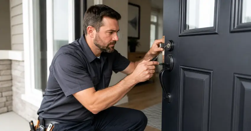 licensed locksmith technician working on residential deadbolt in Courtice
