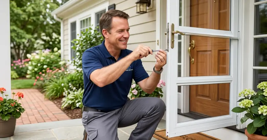 technician adjusting storm door hinge and closer in Courtice