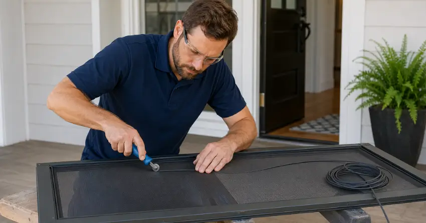 technician replacing screen door mesh and spline in Courtice