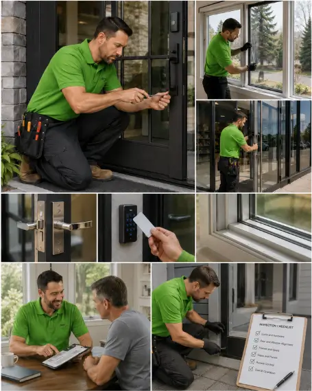 A technician fitting new locking hardware to an entry door